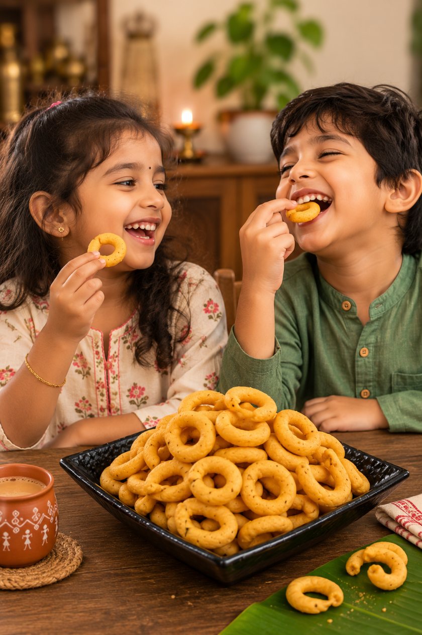 Two children laughing over a tray of kodubale