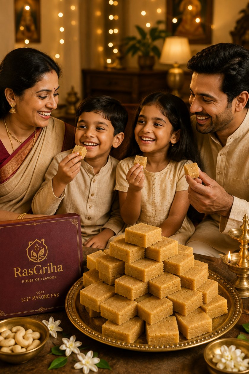 A family sharing Mysore pak beside a RasGriha parcel, lamps lit behind them