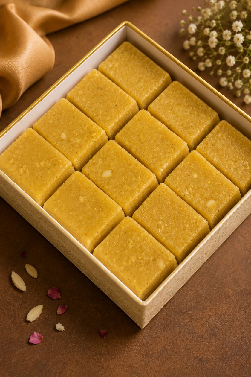 A boxed tray of Mysore pak, gold silk and blossom beside it