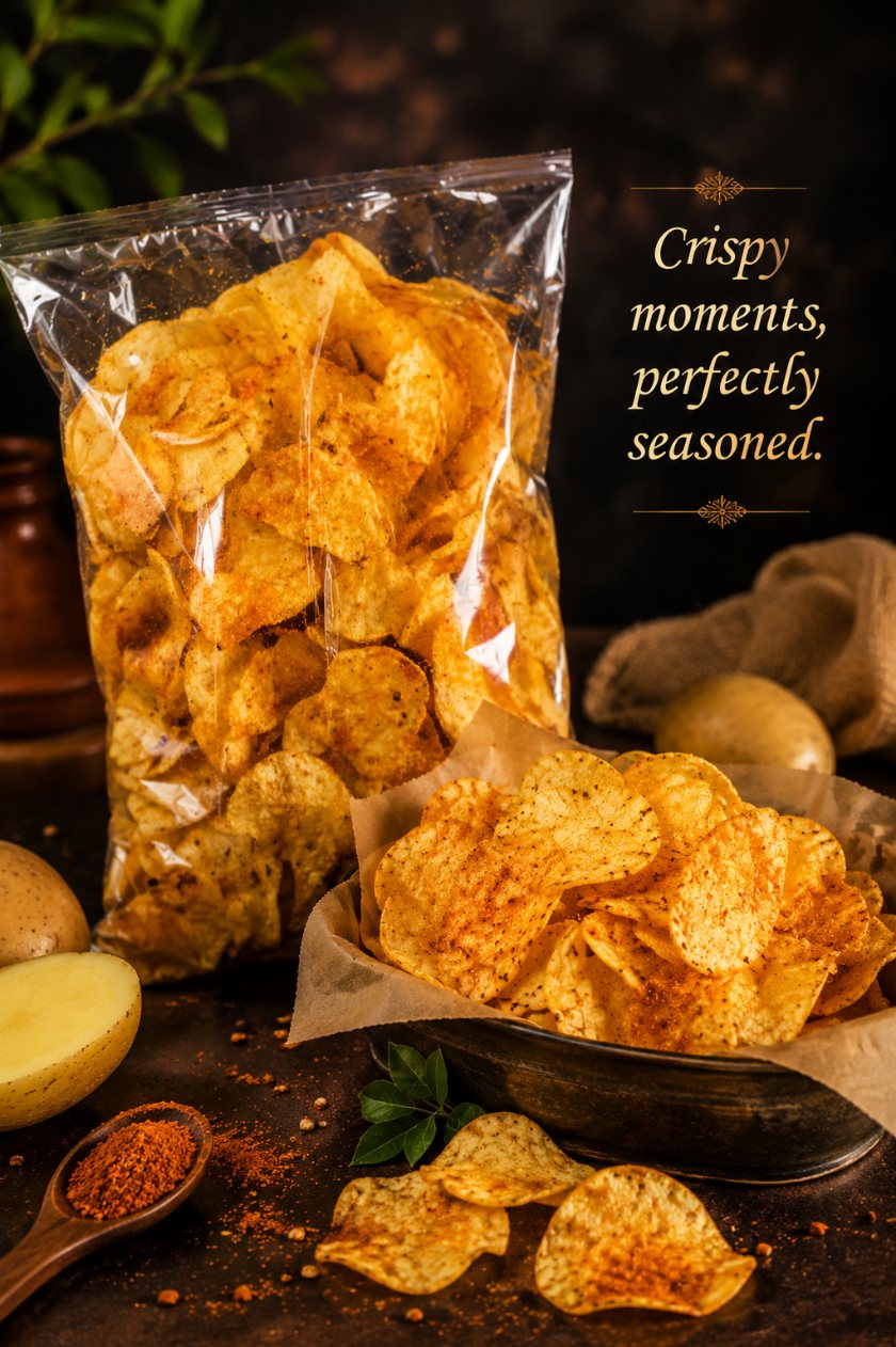 A pack of seasoned potato chips beside a bowl of them